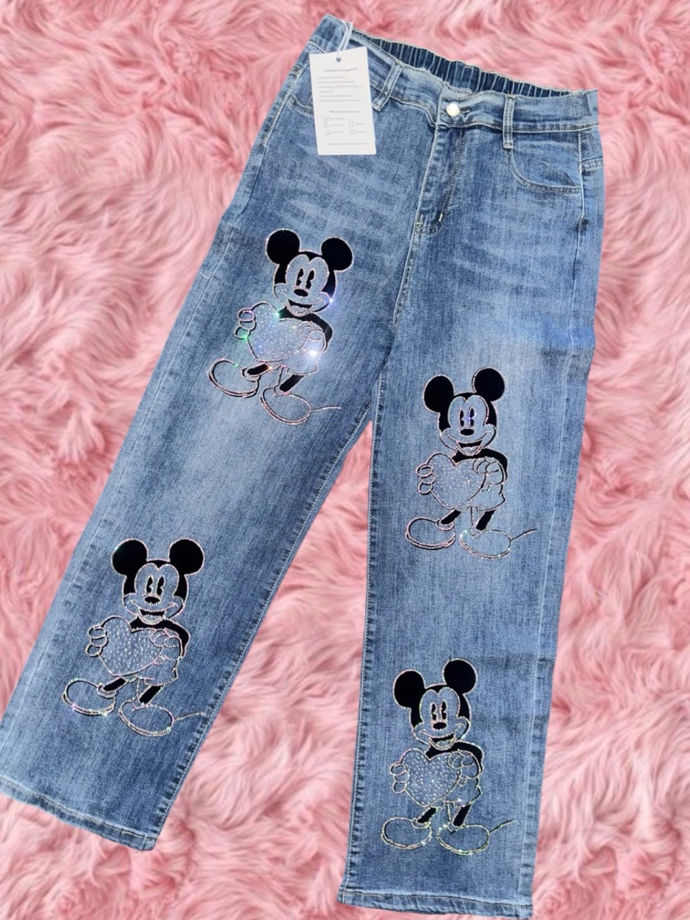 Mickey Mouse Rhinestone Denim Jeans Women’s Size L Blue Straight Leg